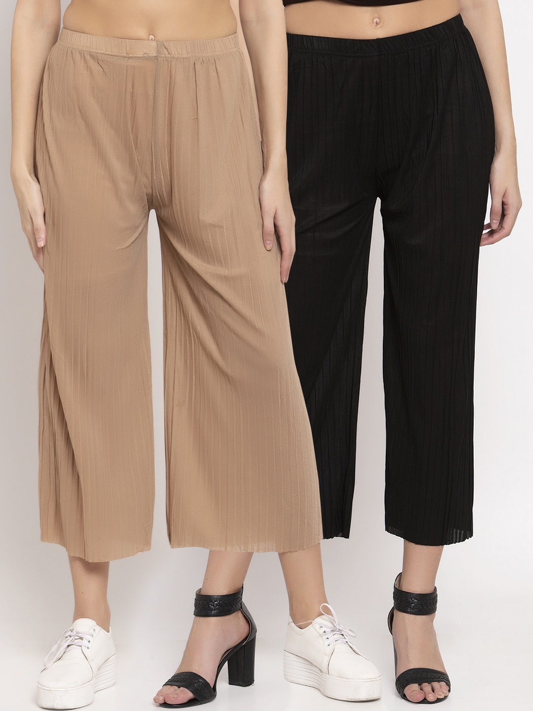 

KLOTTHE Women Pack of 2 Beige & Black Self Design Wide Leg Palazzos