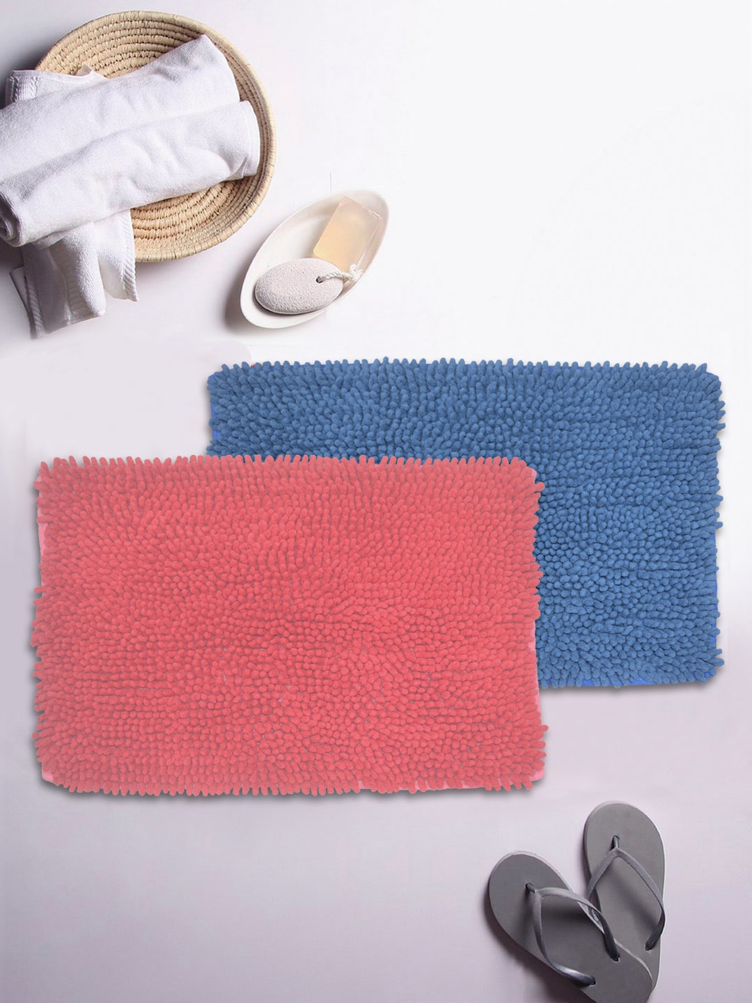 

BIANCA Set Of 2 Mushroom Textured Shaggy Anti-Skid Bath Rugs, Coral