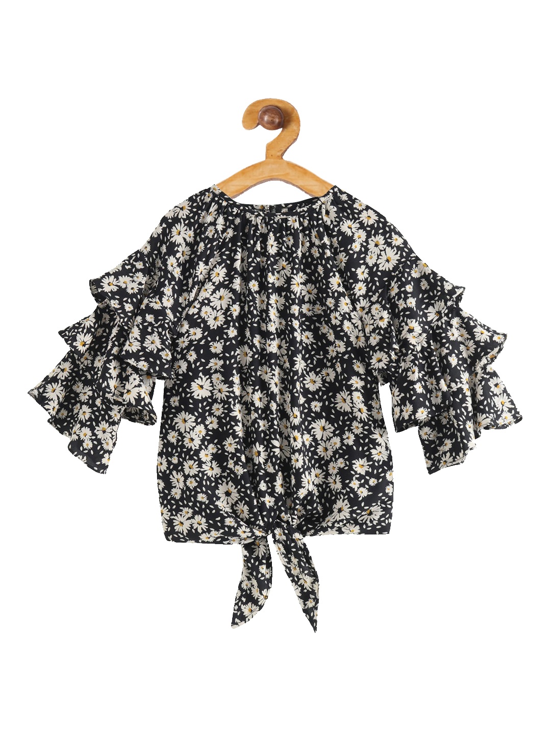 

Kiddopanti black floral printed layered crepe blouson top