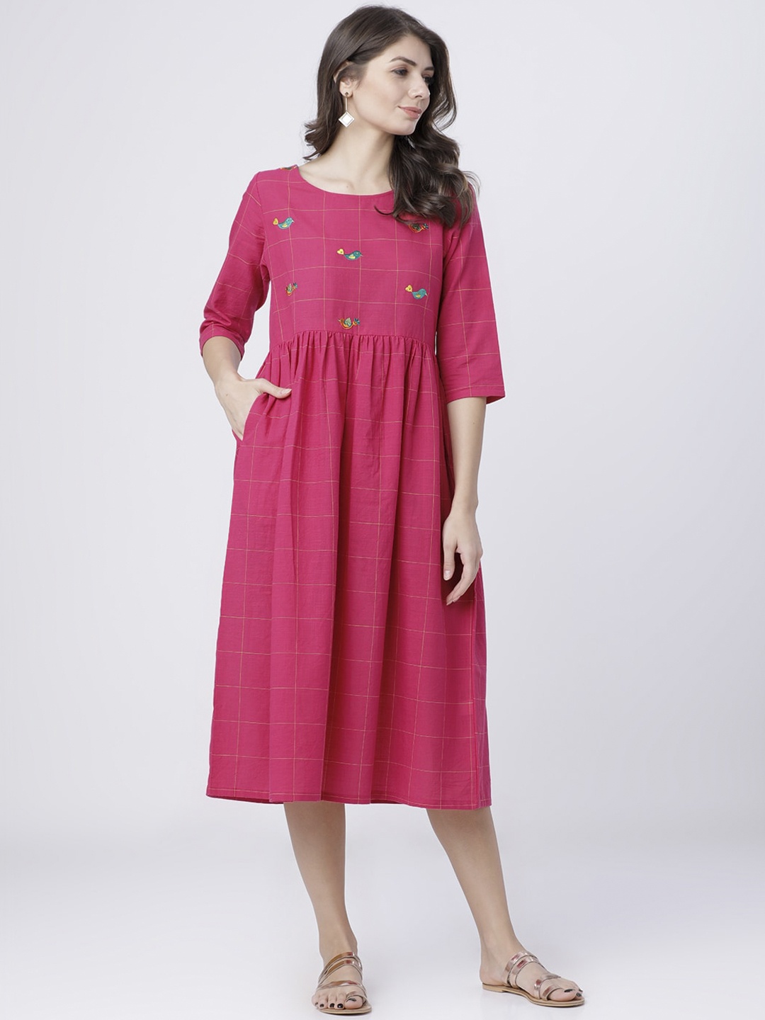 

Vishudh Women Pink Checked Fit and Flare Dress