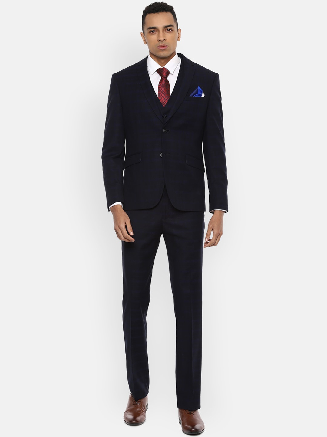 

V Dot Men Navy Blue Checked Slim-Fit Single-Breasted Formal Suit