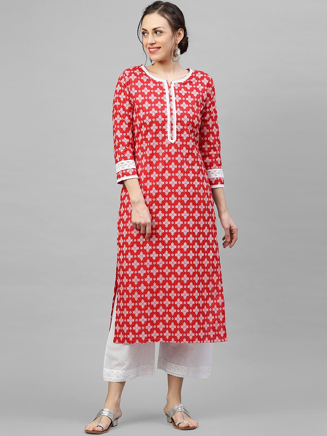 

Indo Era Women Red & White Printed Cotton Kurta with Trousers