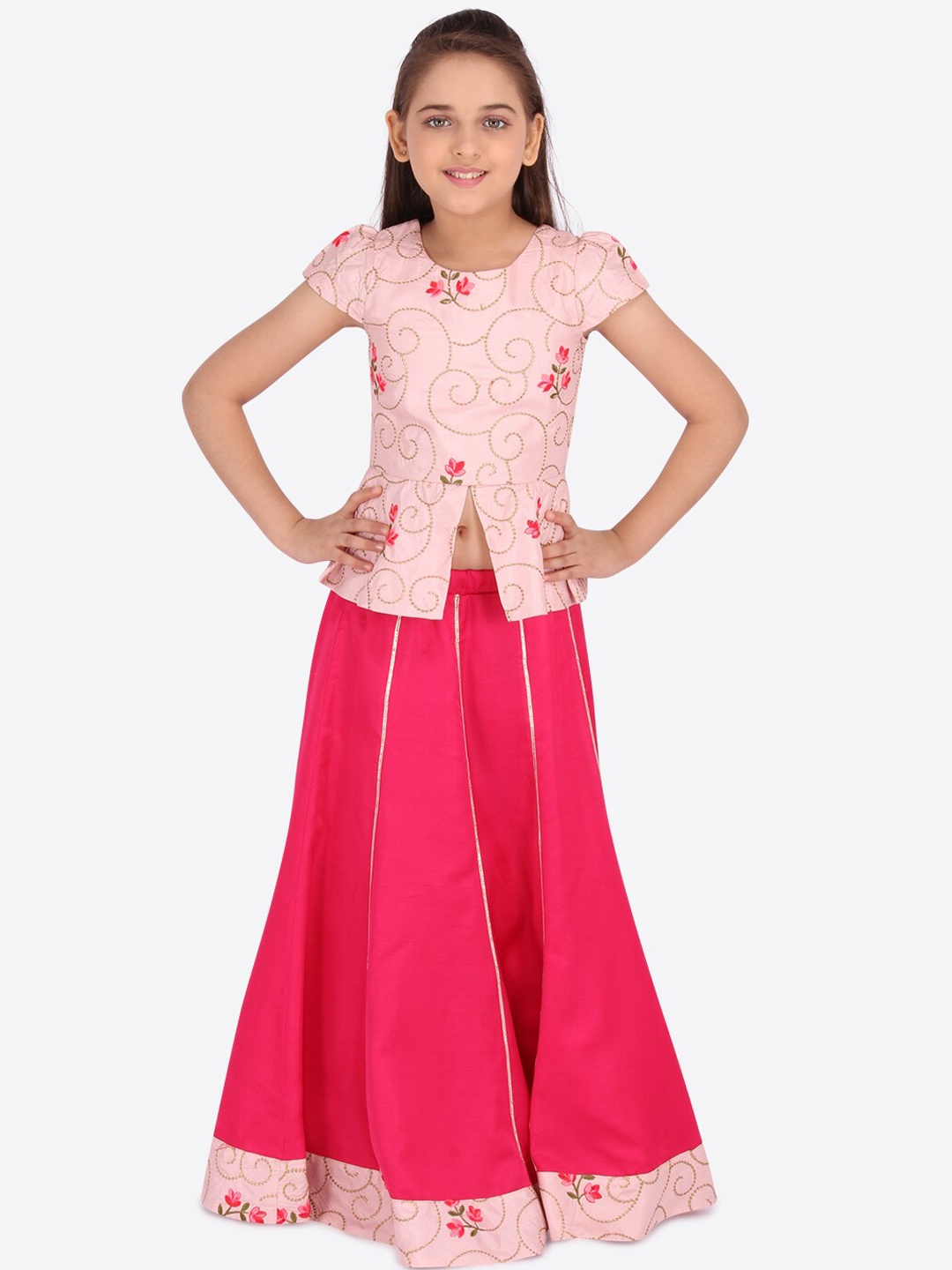 

CUTECUMBER Girls Peach-Coloured & Pink Embellished Top with Skirt