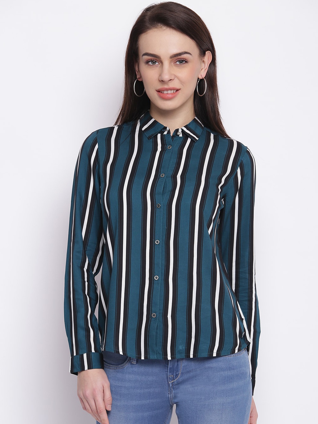 

Pepe Jeans Women Teal & White Regular Fit Striped Casual Shirt