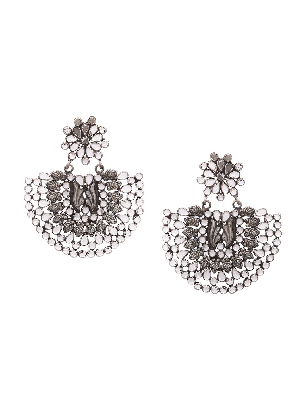 

Silvermerc Designs Silver-Toned Crescent Shaped Kundan Studded Chandbalis Earrings