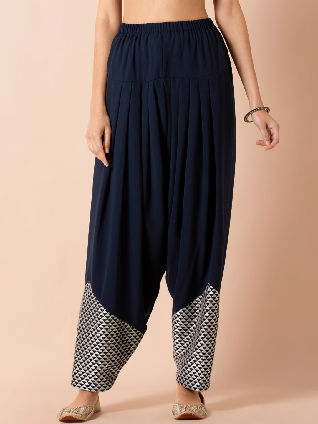 

Rang by Indya X PAYAL SINGHAL Women Blue & Gold-Coloured Embroidered Loose Fit Salwar Pants