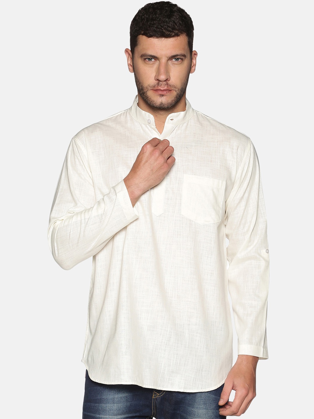 

Sethukrishna Men Cream-Coloured Solid Cotton Straight Kurta