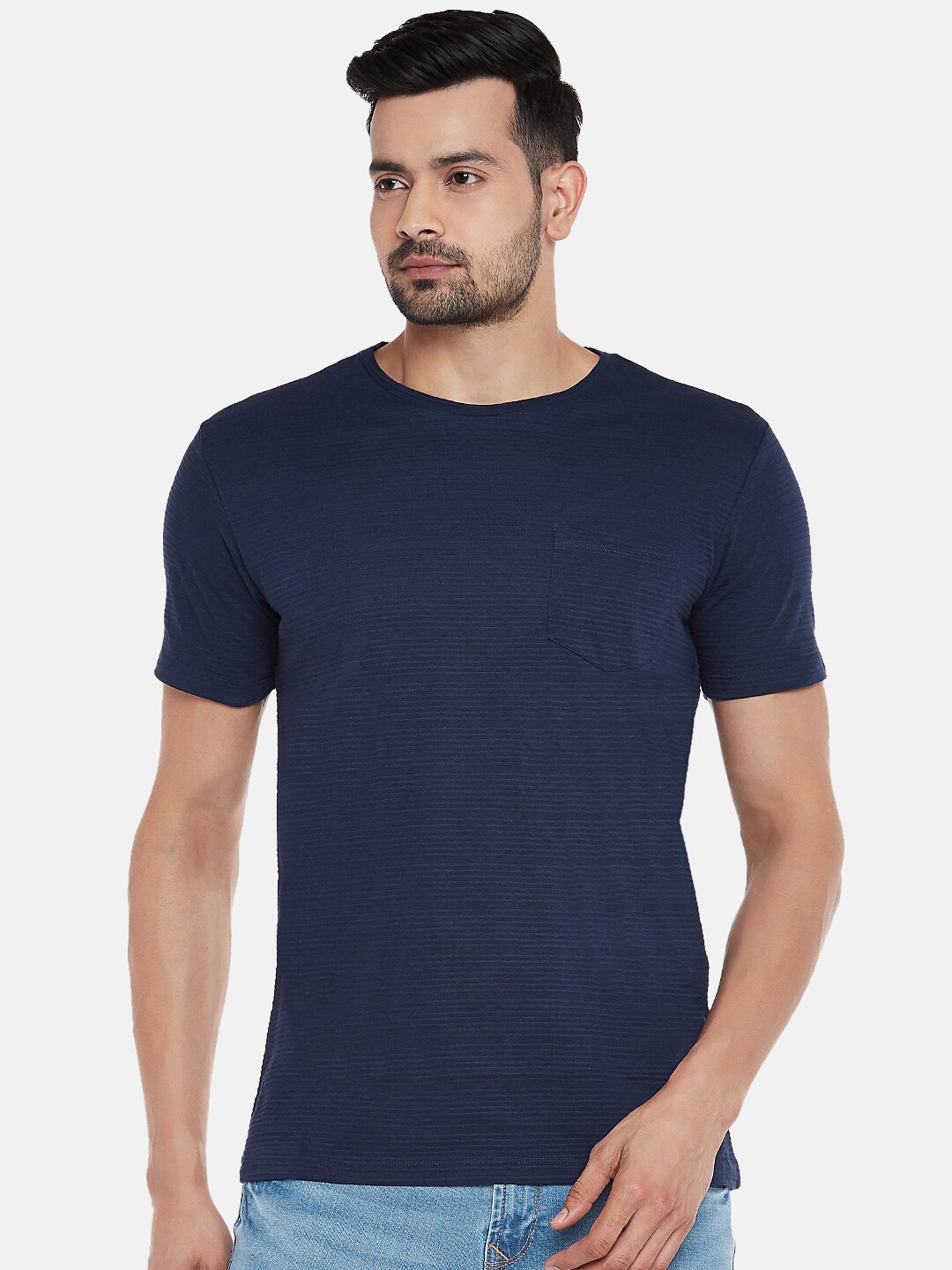 

SF JEANS by Pantaloons Men Navy Blue Self Design Round Neck T-shirt