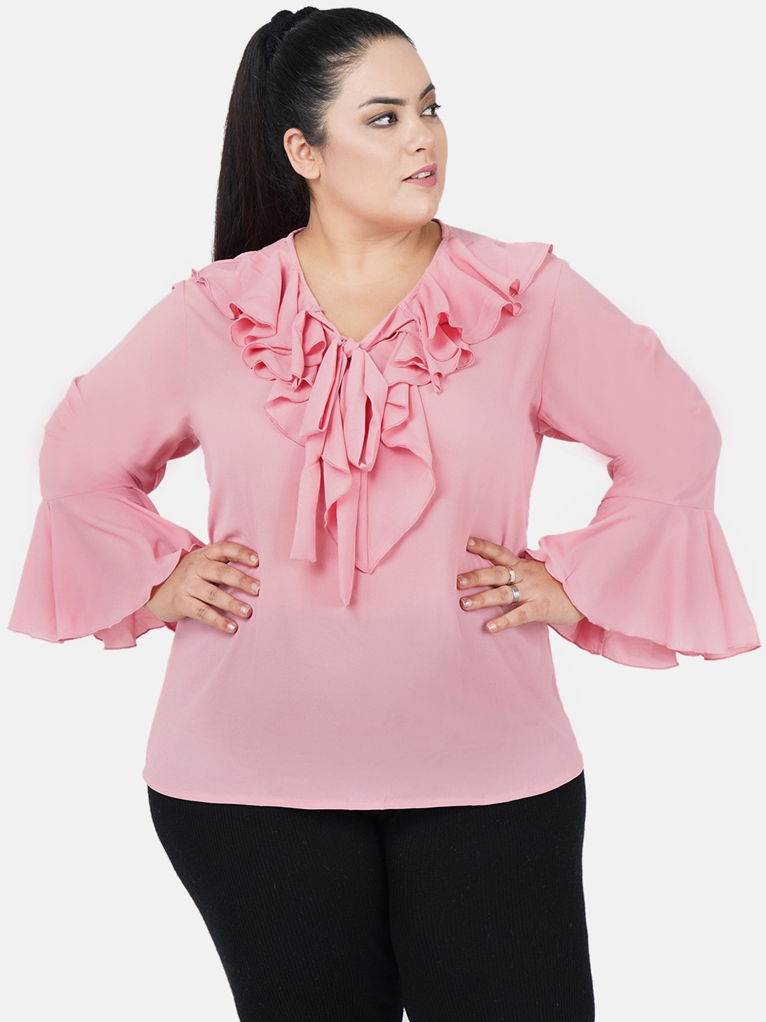 

Indietoga Plus Size Pink Solid Flared Georgette Top