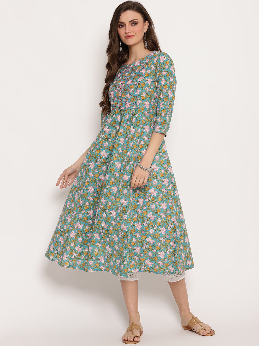 

Ramas Women Turquoise Blue & Pink Floral Printed Anarkali Kurta
