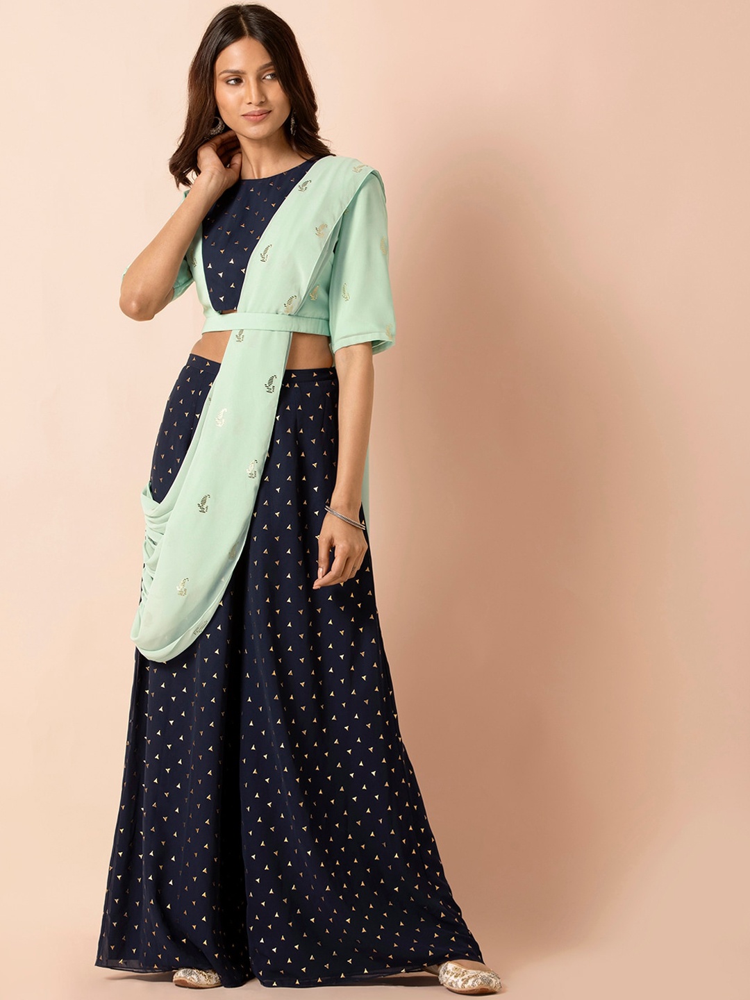 

INDYA X Payal Singhal Navy Blue & Gold-Toned Foil Printed Palazzo with Dupatta