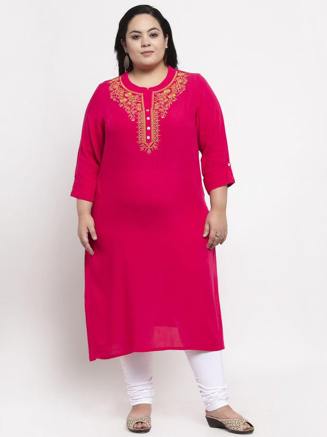 

plusS Women Pink Embroidered Straight Kurta