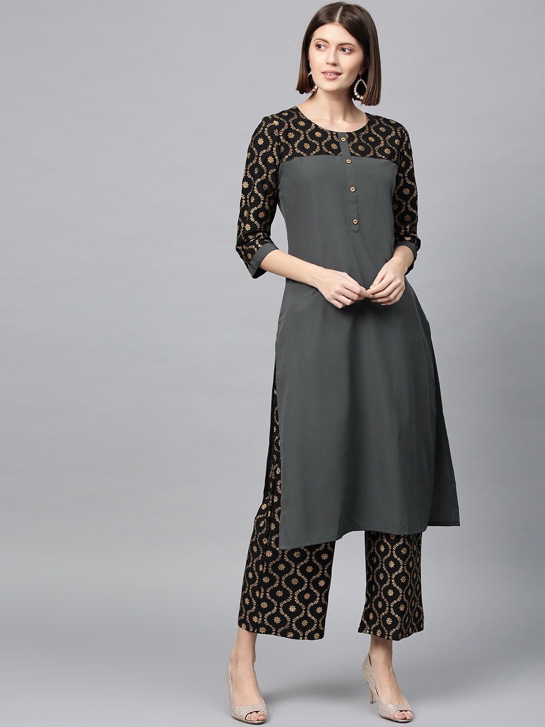 

ZIYAA Women Grey Yoke Design Straight Kurta
