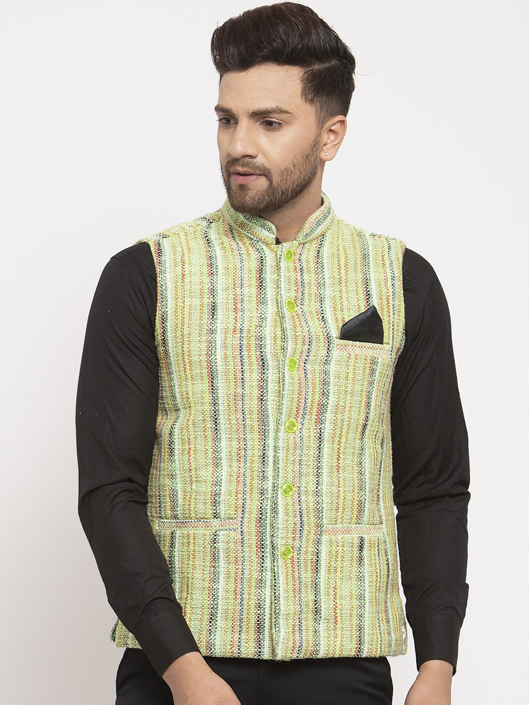 

KLOTTHE Men White & Green Woven Design Sustainable Nehru Jacket