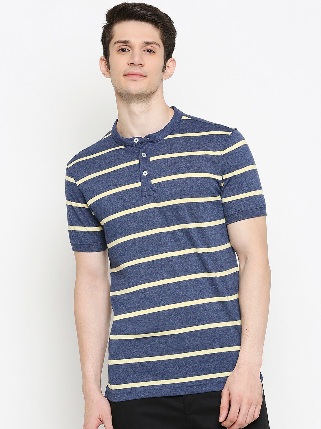 BYFORD by Pantaloons Men Blue Striped Henley Neck T-shirt