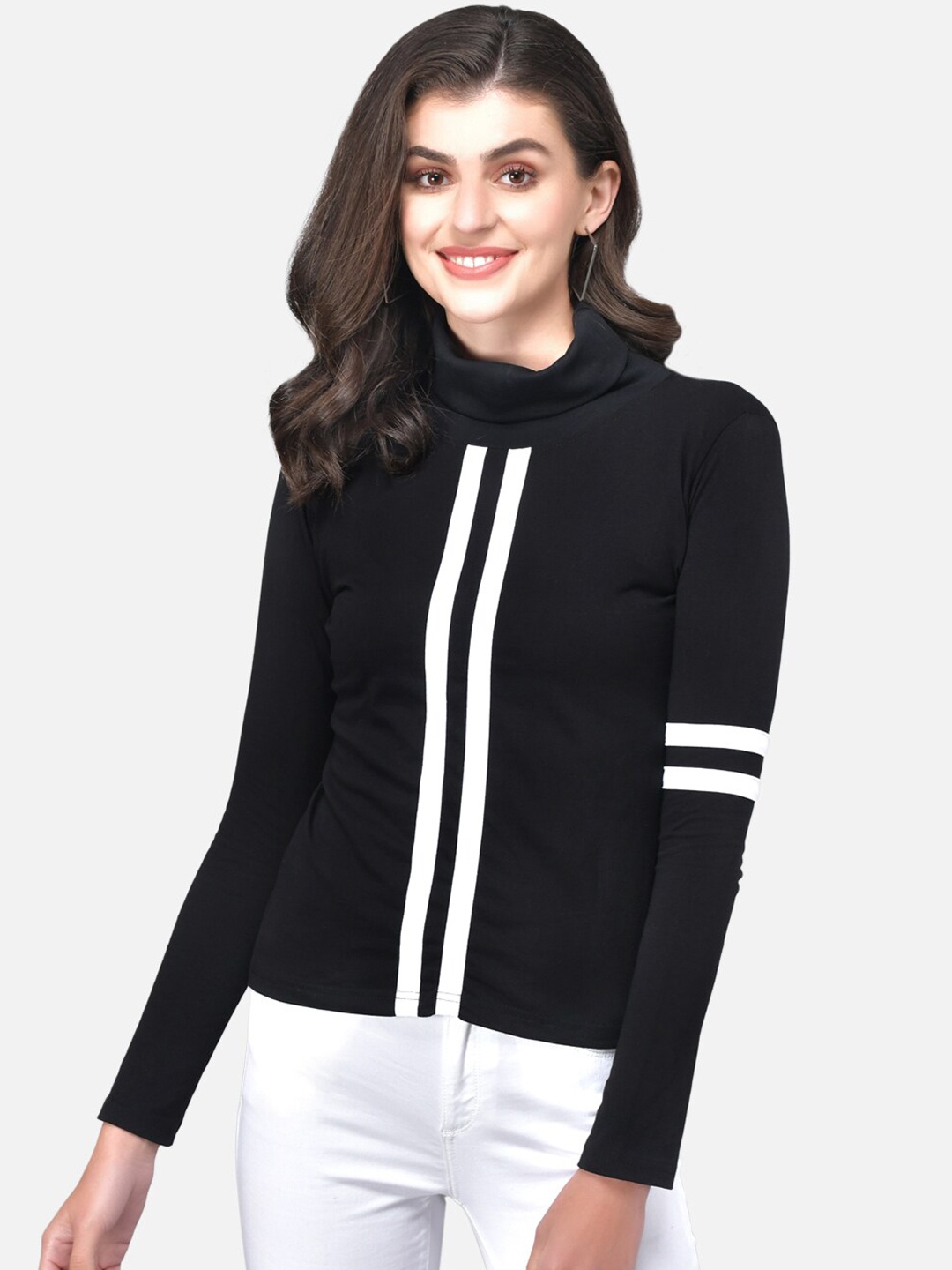 

The Dry State Women Black Striped High Neck T-shirt