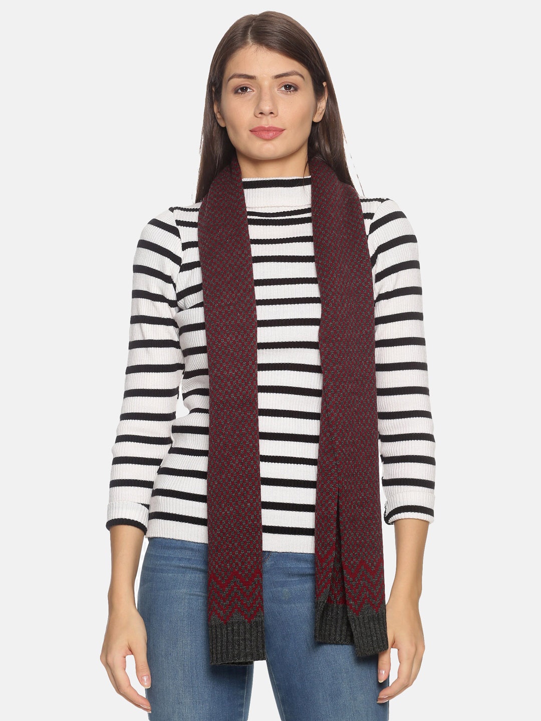 

Women Maroon & Grey Check Self-Design Woolen Muffler