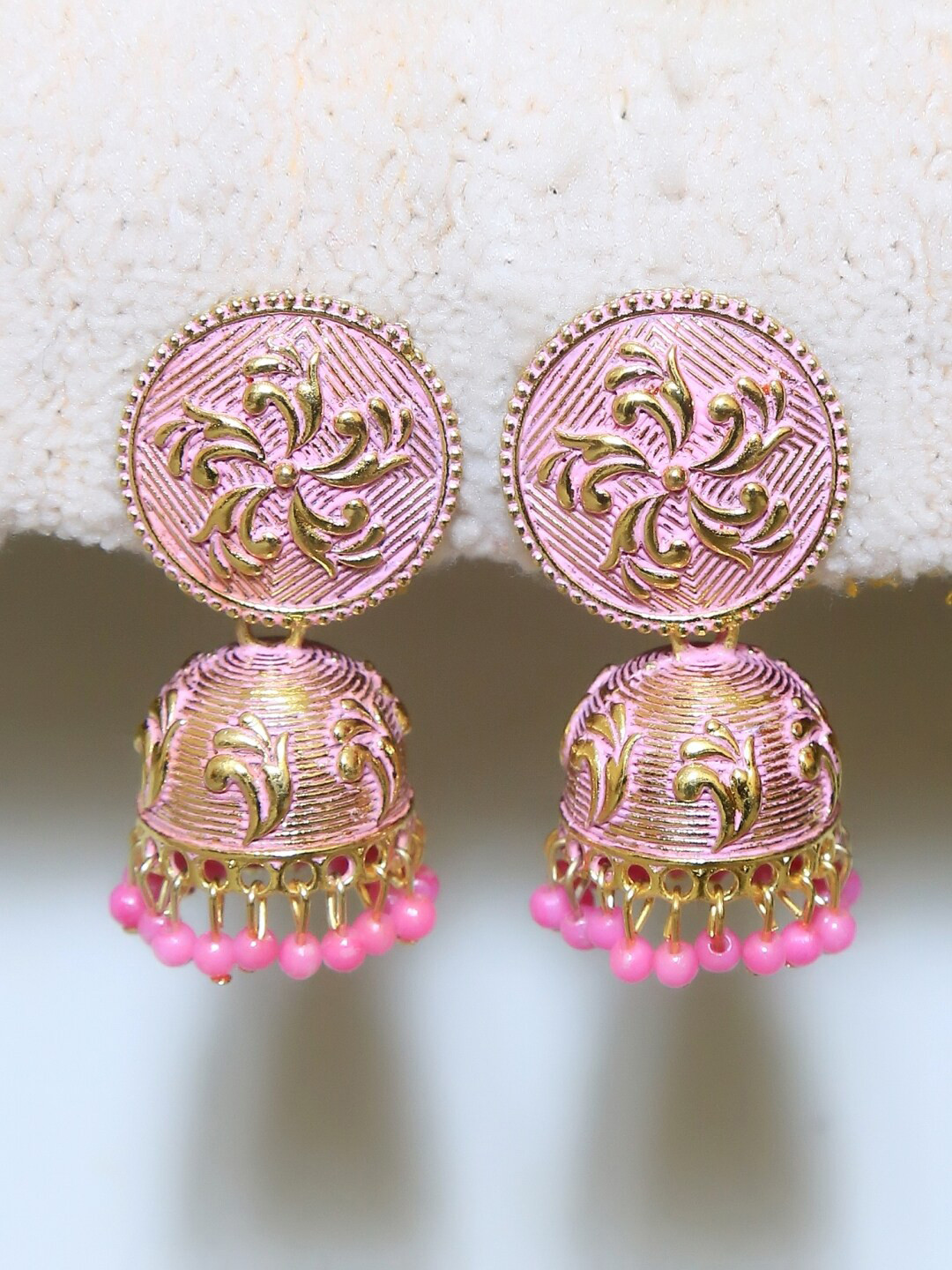 

Crunchy Fashion Pink Gold-Plated Handcrafted Dome Shaped Jhumkas