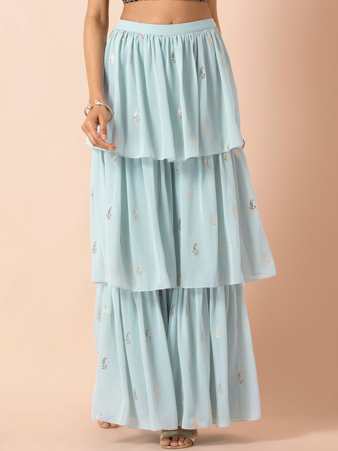 

INDYA X PAYAL SINGHAL Women Blue & Silver-Toned Printed Tiered Ruffled Sharara
