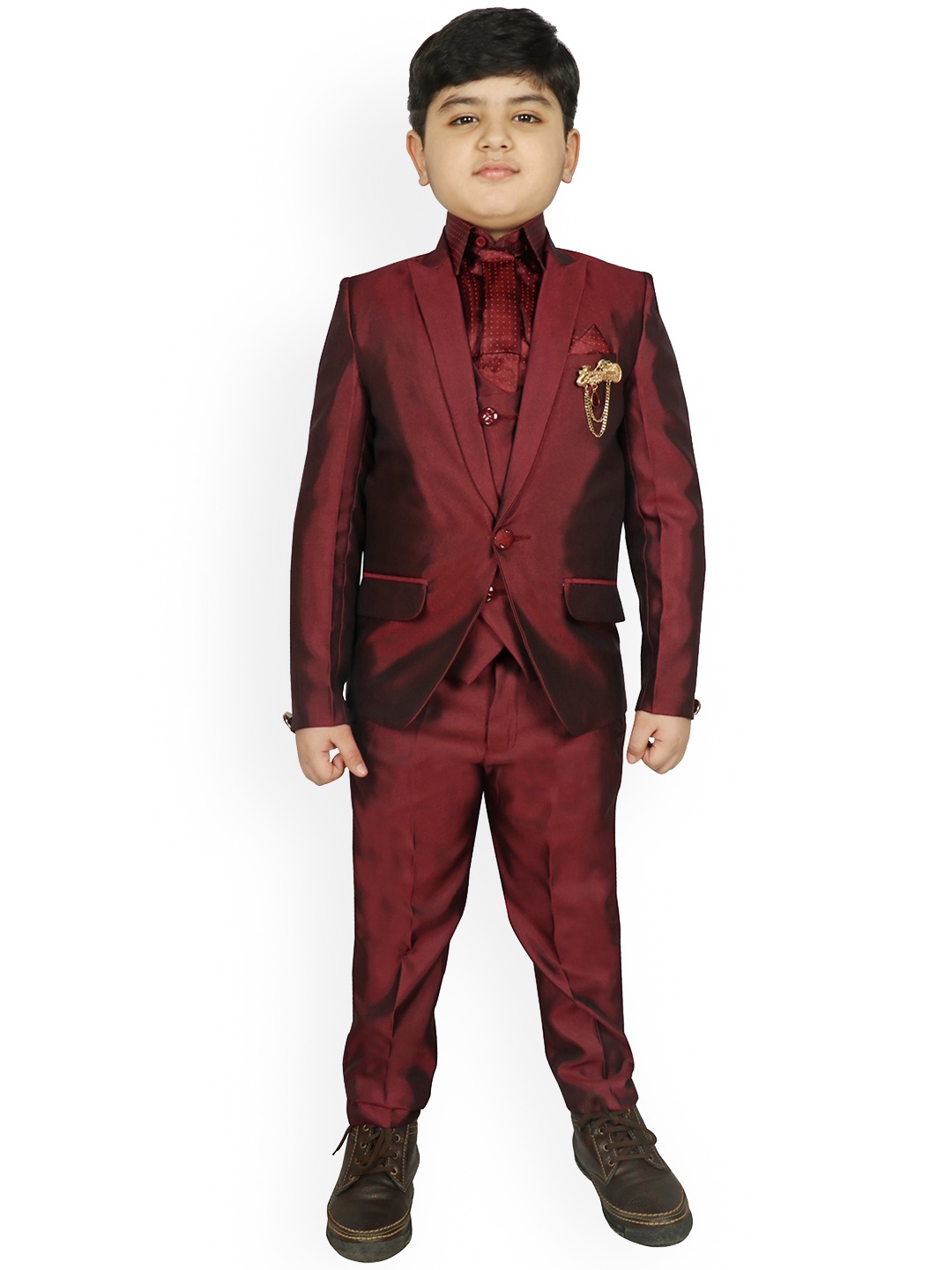 

SG YUVRAJ Boys Maroon Solid Single-Breasted Five-Piece Suit