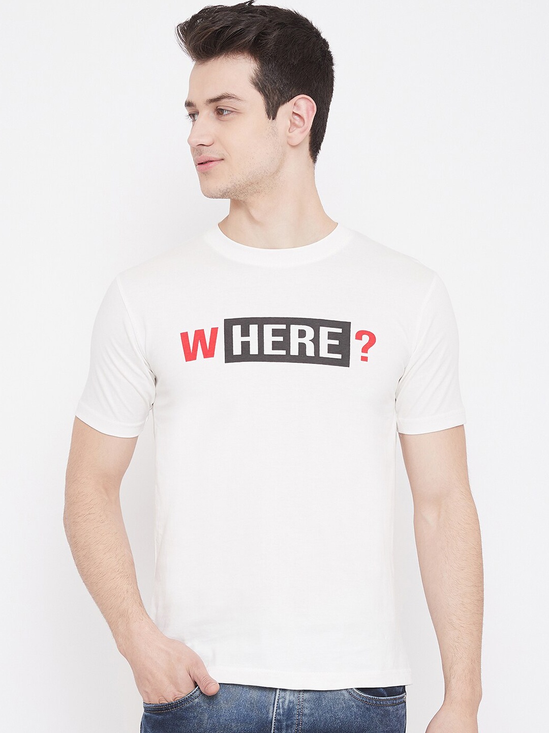 

Camey Men White Printed Round Neck T-shirt