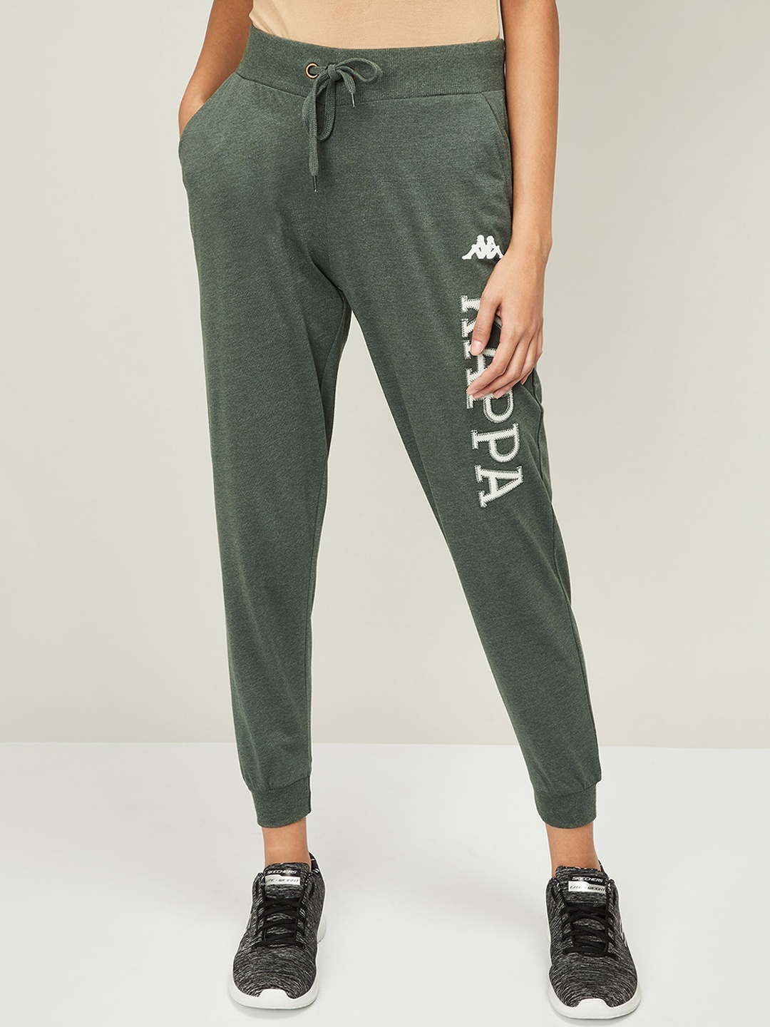 Kappa Women Green & White Brand Logo Joggers