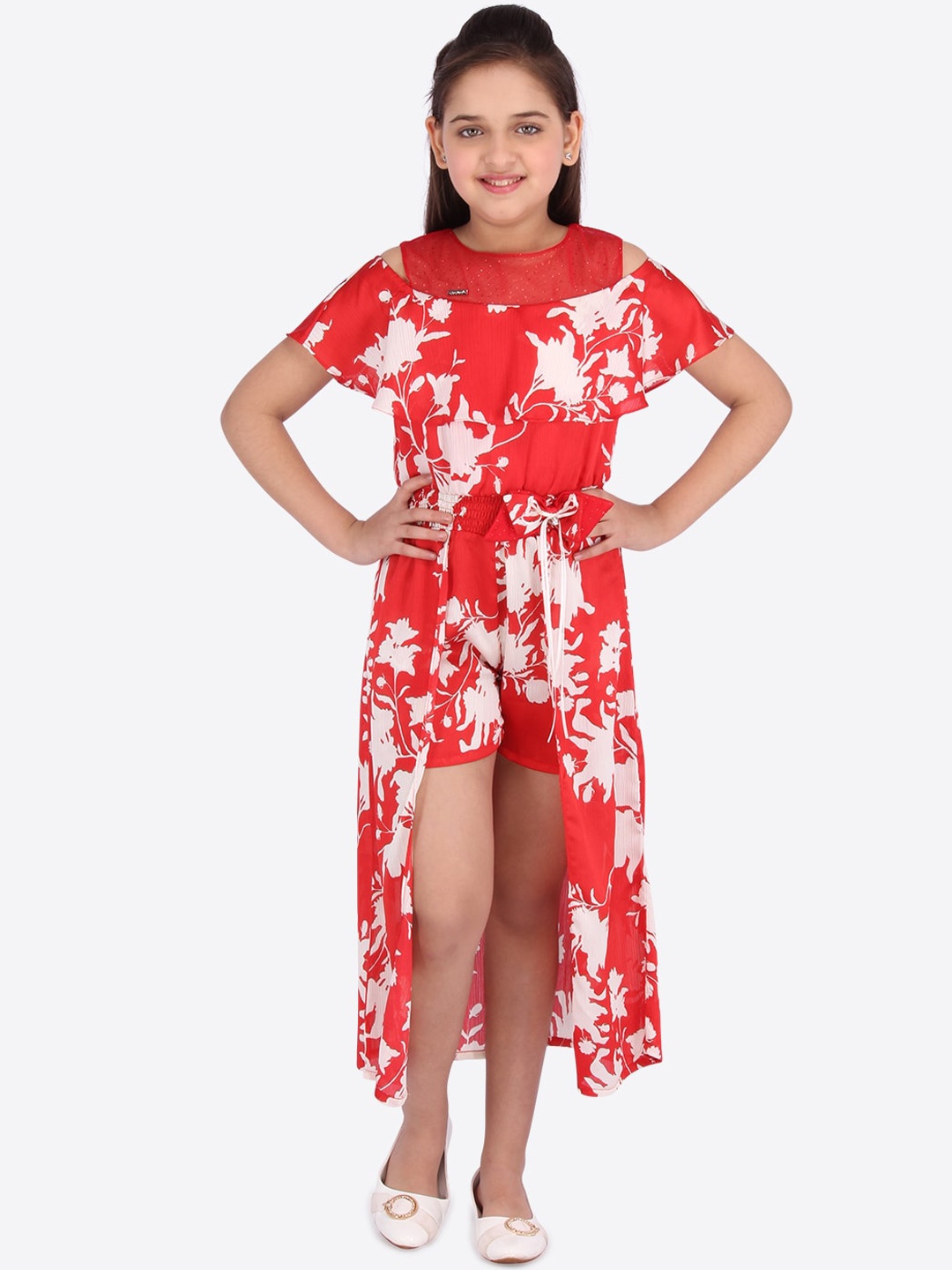 

CUTECUMBER Girls Red & White Floral Printed Fit and Flare Dress