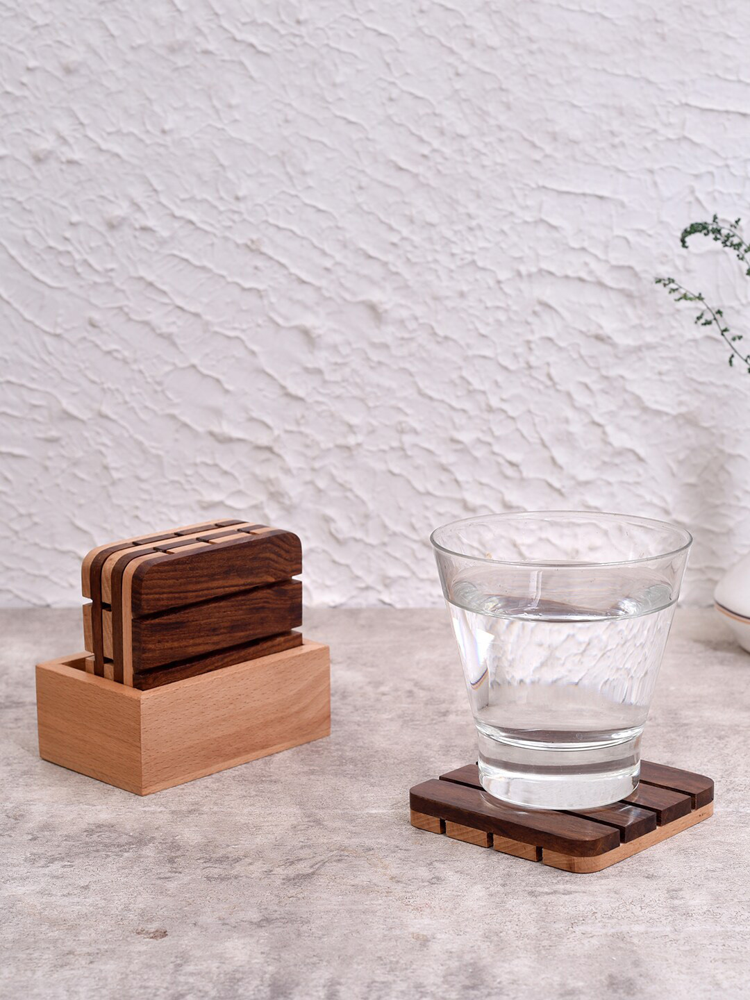 

Unravel India Set of 4 Brown Handcrafted Wooden Square Coasters with Base