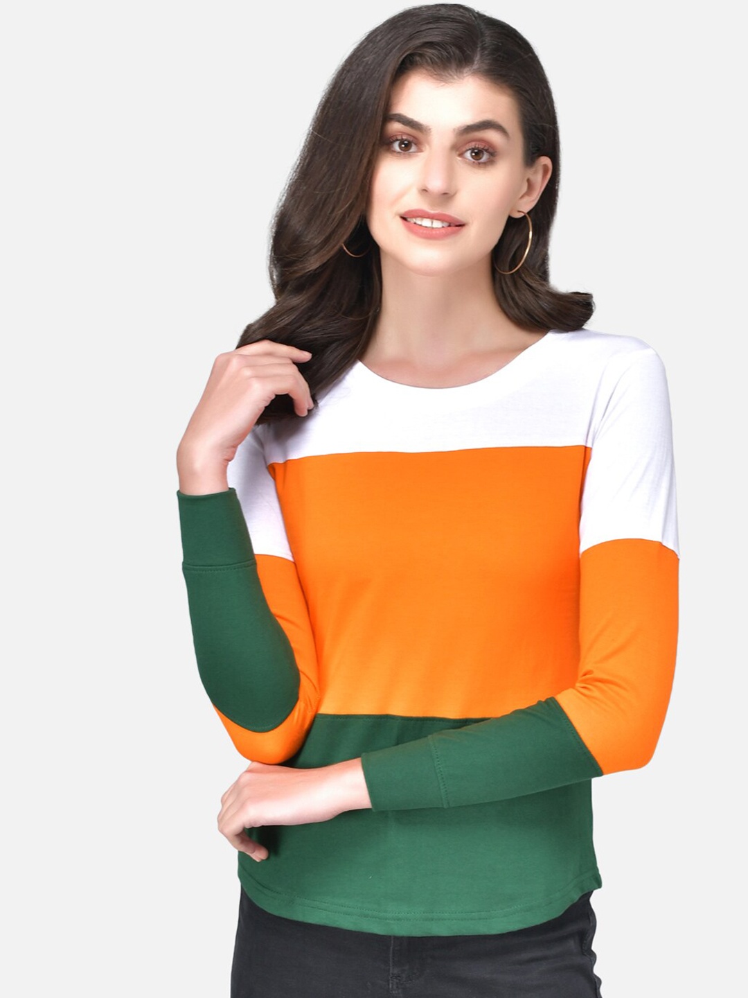 

The Dry State Women White & Orange Colourblocked Round Neck T-shirt