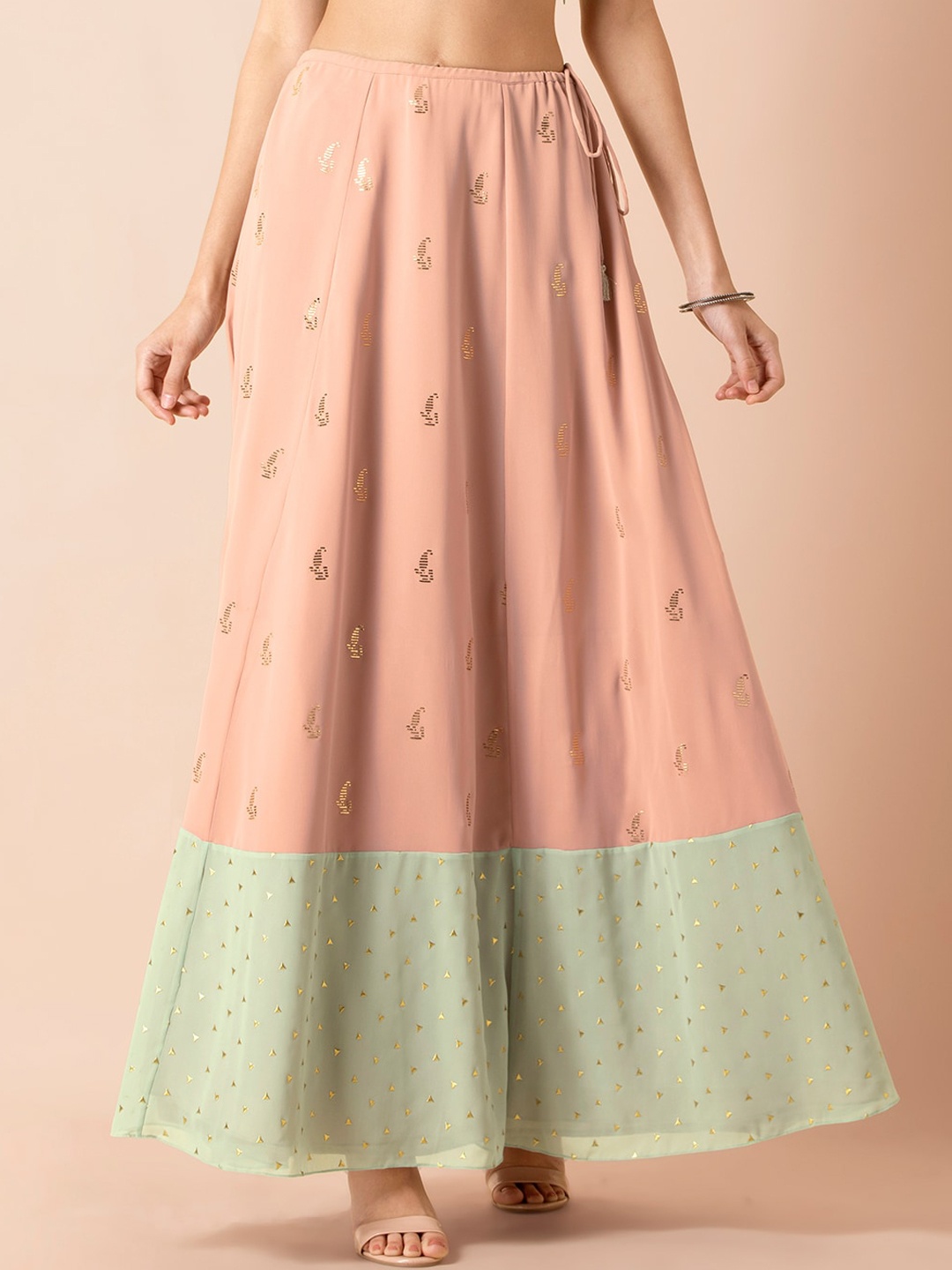 

INDYA X Payal Singhal Women Pink & sea Green Printed Flared Maxi Skirt