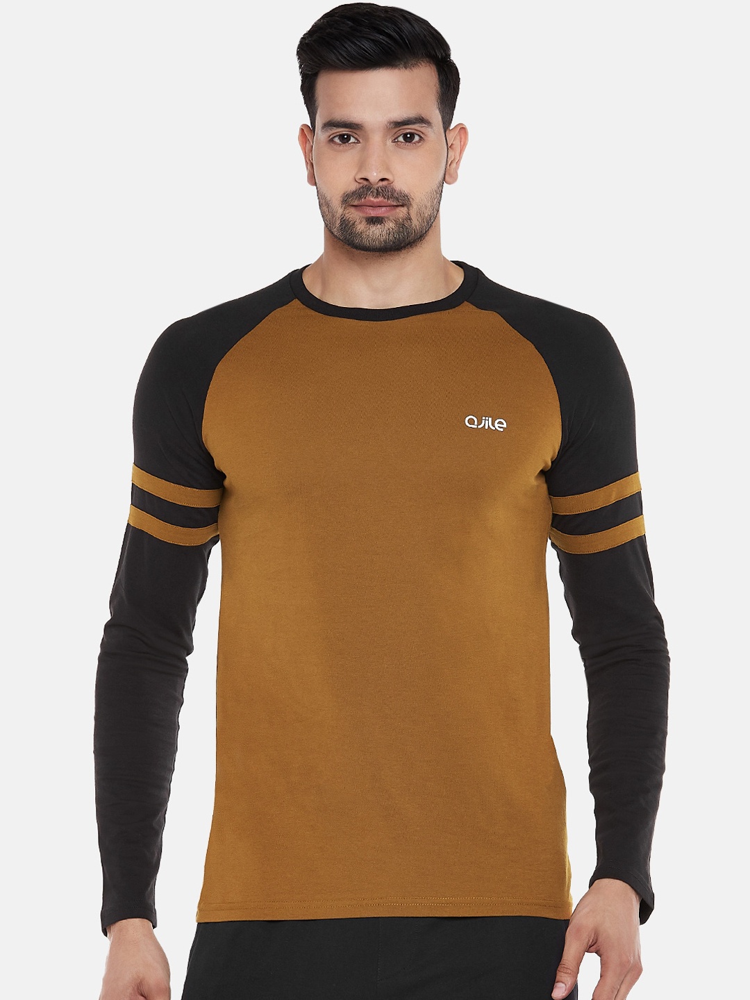 

Ajile by Pantaloons Men Tan Colourblocked Round Neck Pure Cotton T-shirt