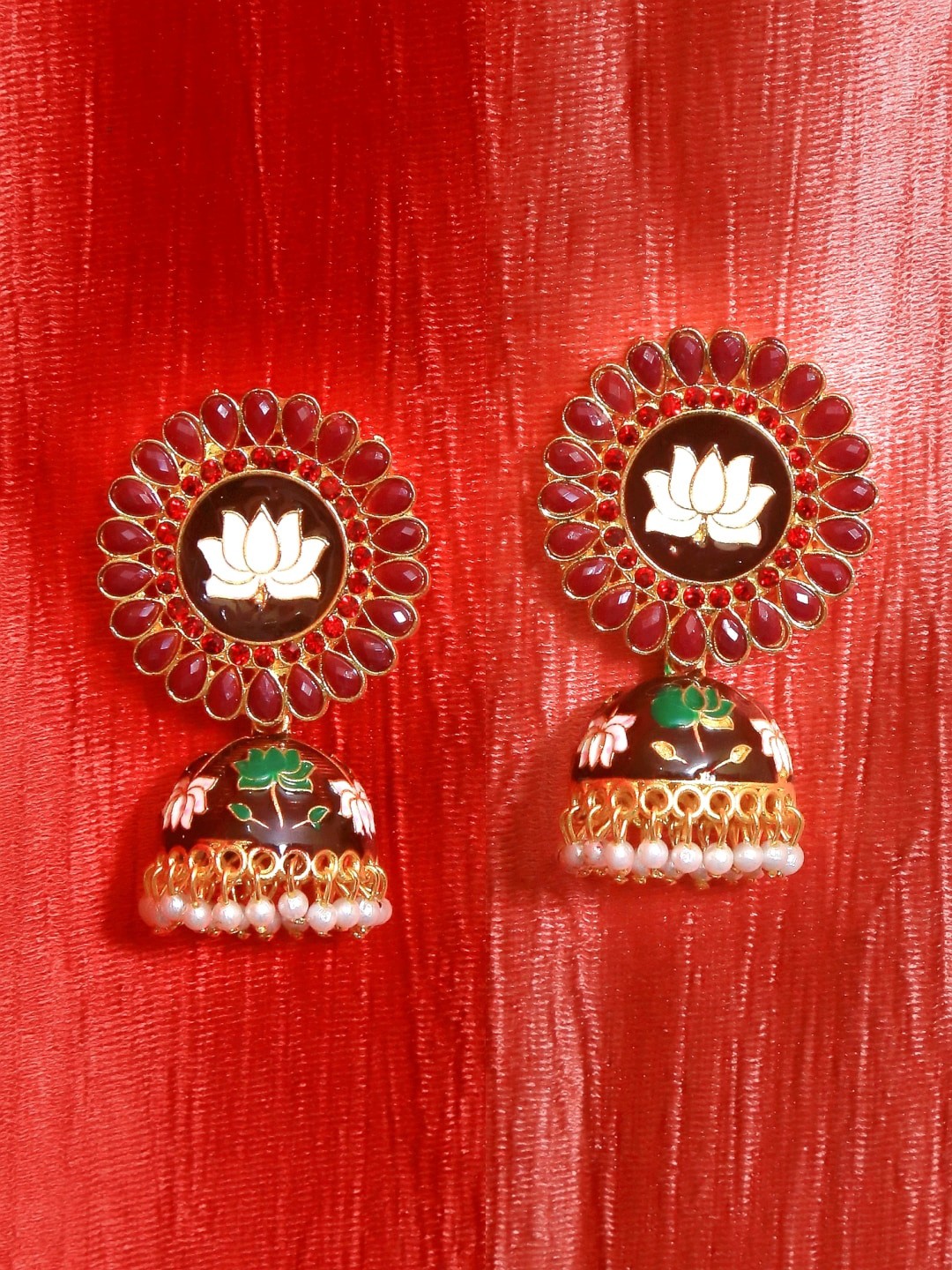 

Crunchy Fashion Gold-Plated & Red Dome Shaped Jhumkas