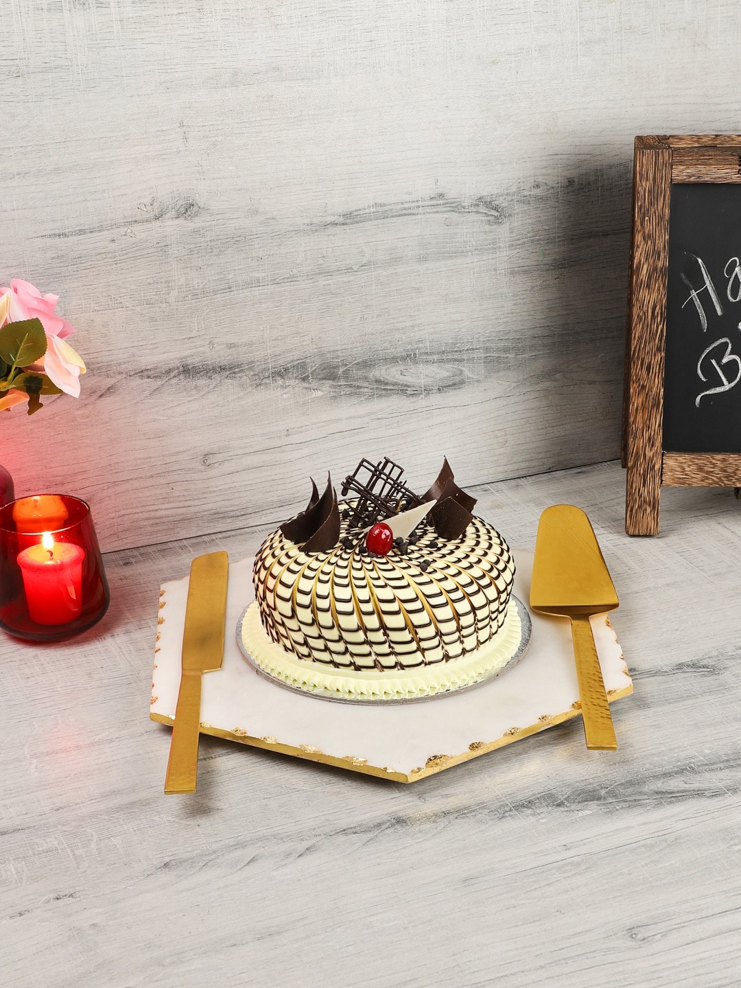 

NikkisPride Set Of 3 White & Gold-Toned Marble Large Cake Platter With Metal Serving