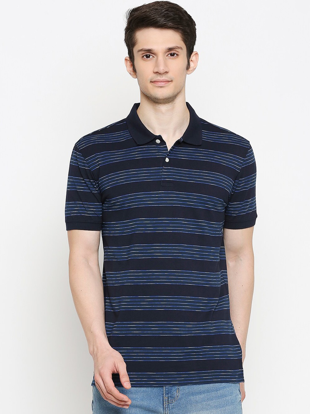 

BYFORD by Pantaloons Men Blue Striped Polo Collar T-shirt