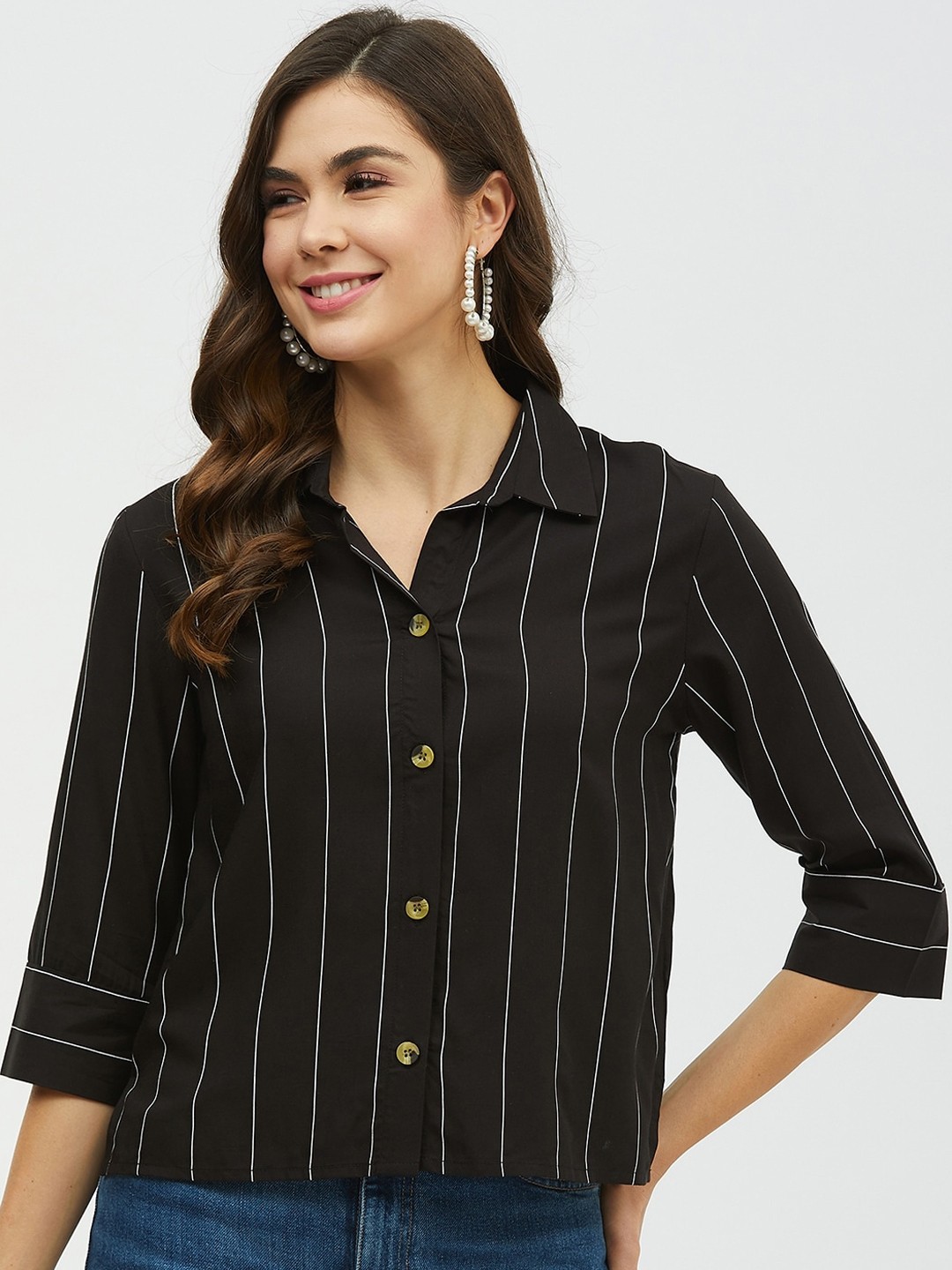 

Harpa Women Black Striped Shirt Style Top
