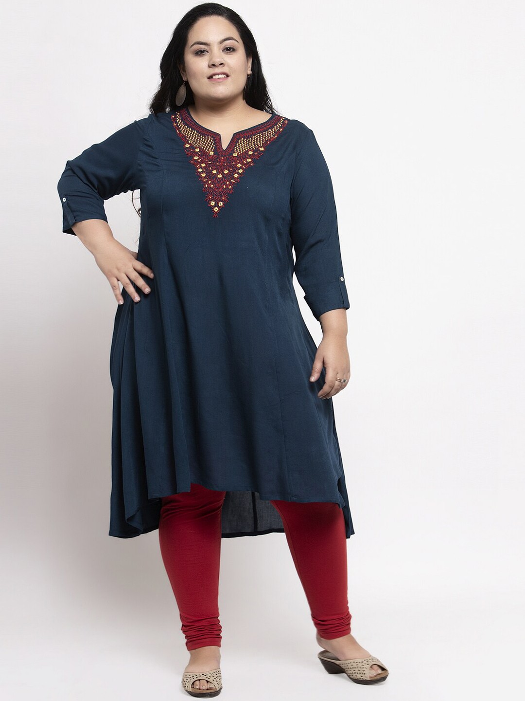 

plusS Women Navy Blue Yoke Design A-Line Kurta
