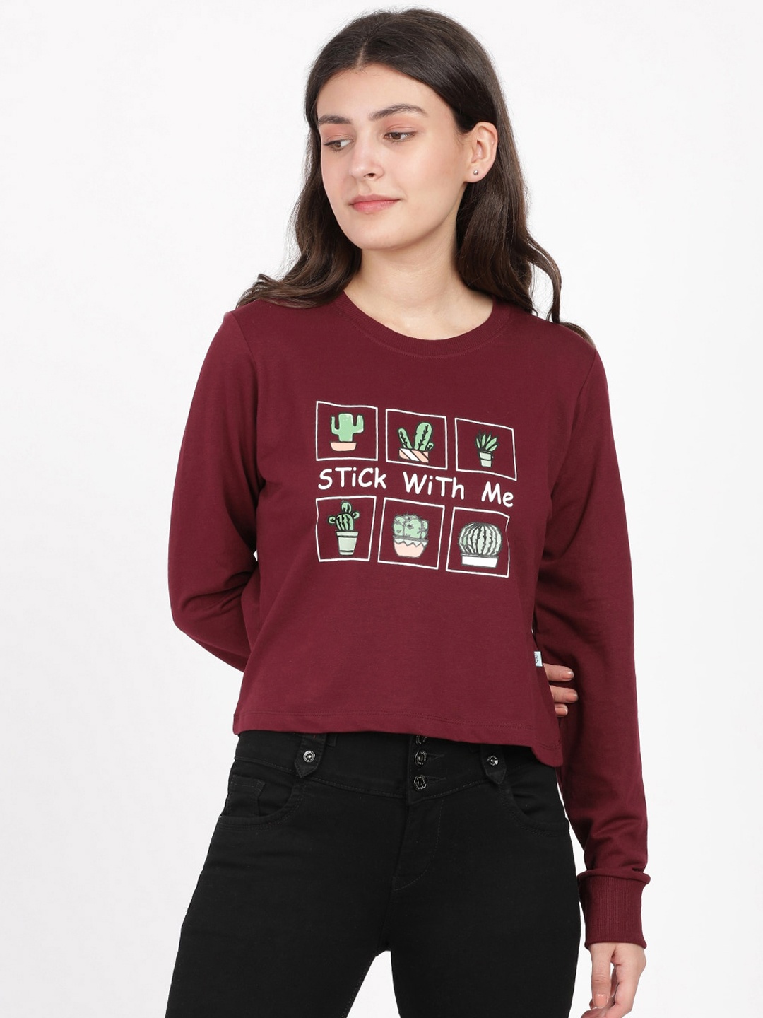 

BEVERLY BLUES Women Maroon Printed Cropped Sweatshirt