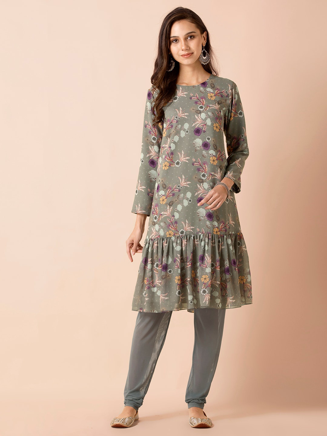 

INDYA X Payal Singhal Women Grey Floral Ruffled Kurta