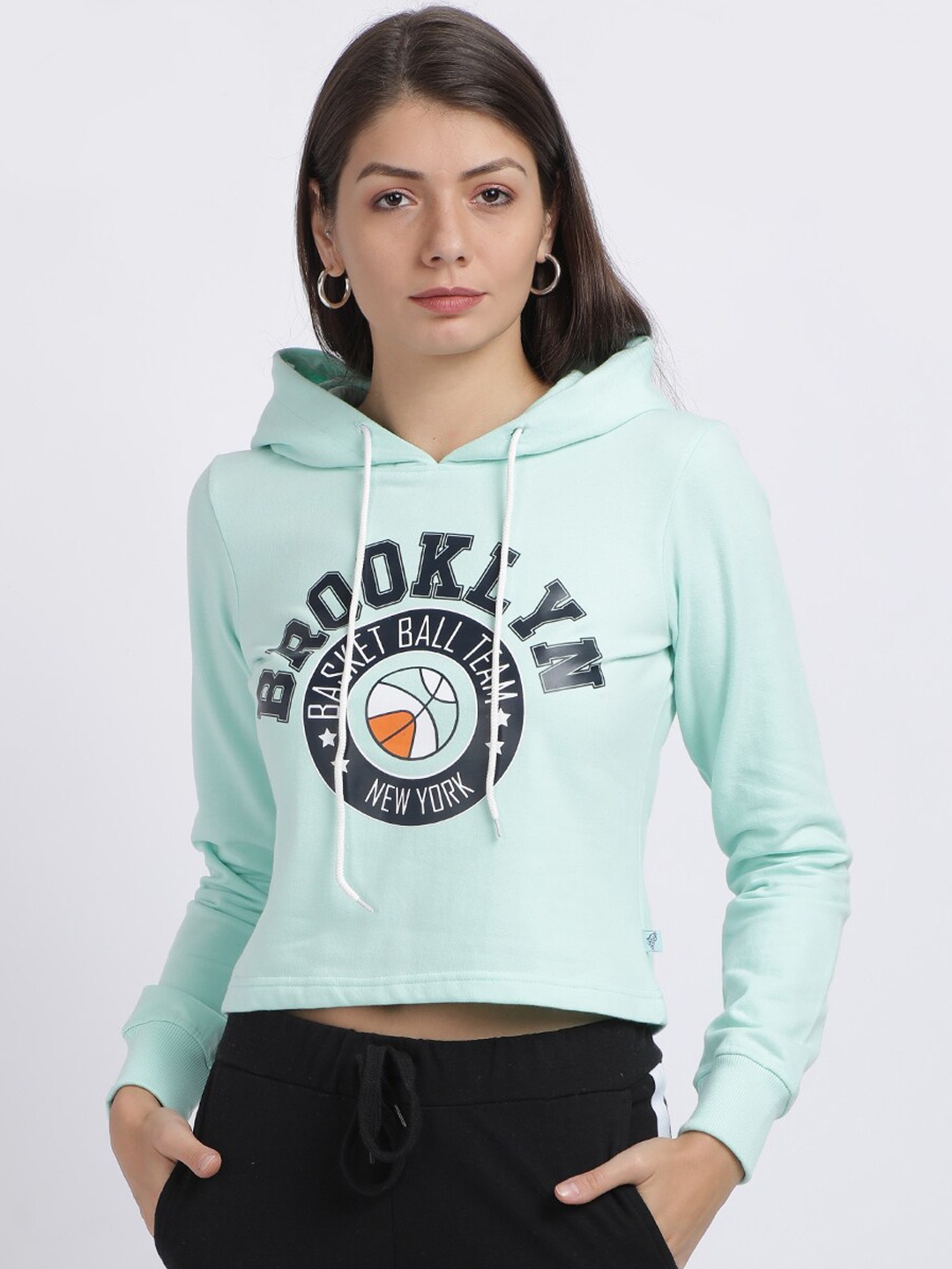 

BEVERLY BLUES Women Sea Green Printed Hooded Crop Sweatshirt