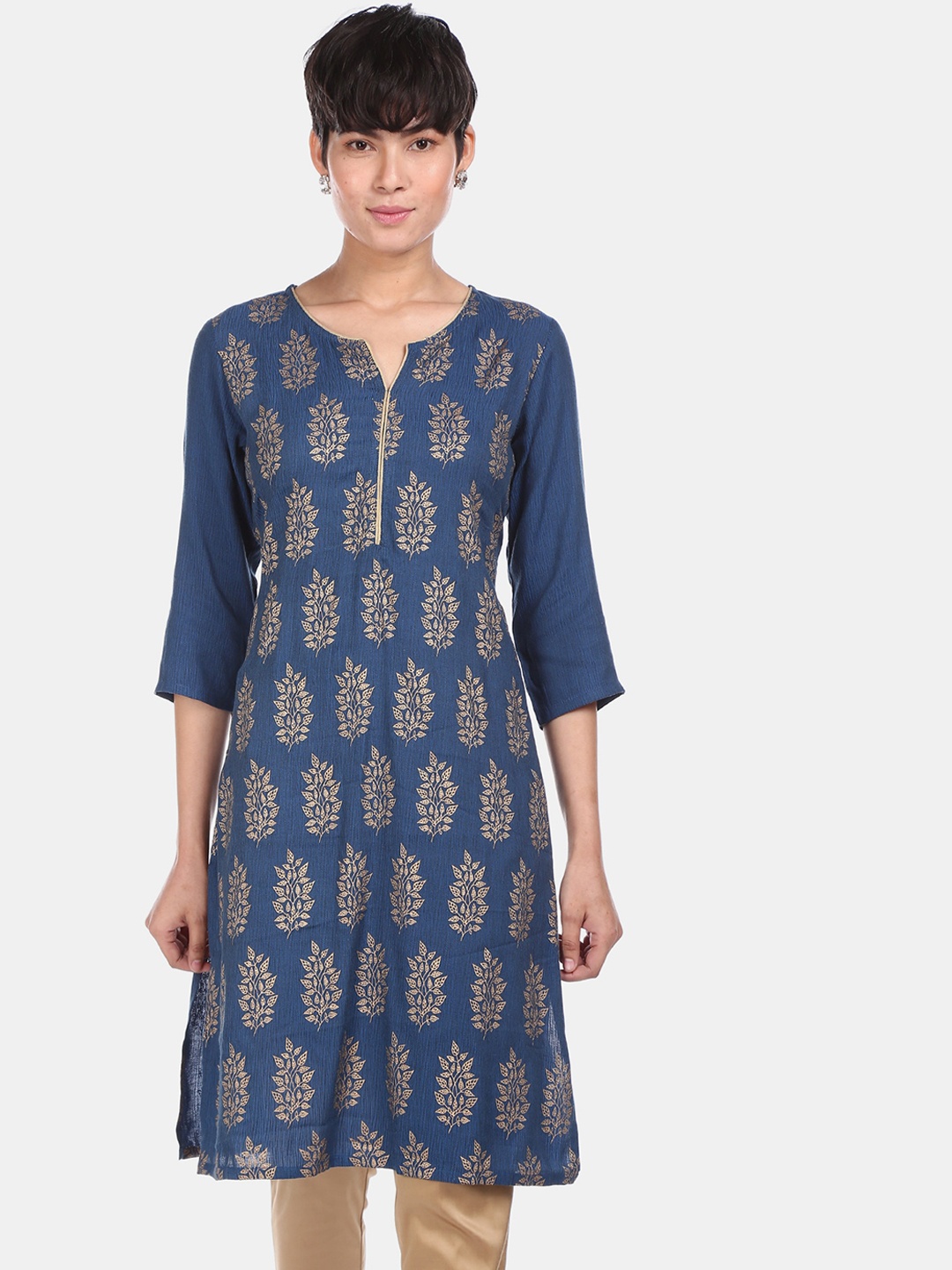 

Bronz Women Navy Blue & Gold Printed Straight Kurta