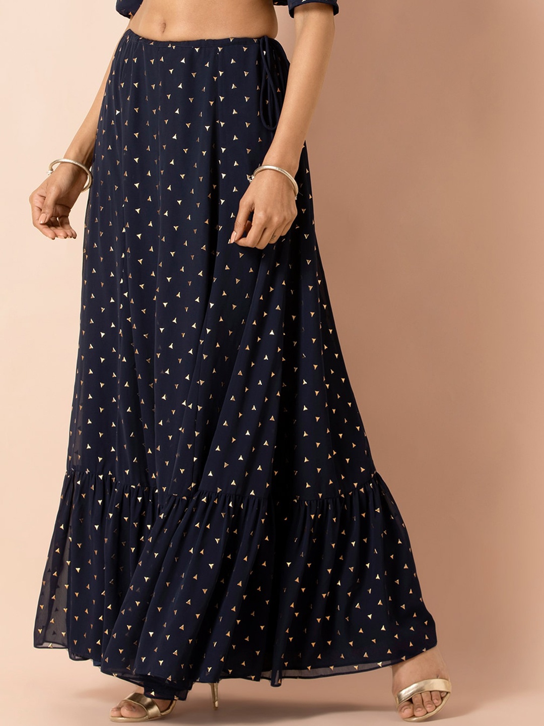 

INDYA X Payal Singhal Blue & Gold-Coloured Printed Flared Maxi Skirt