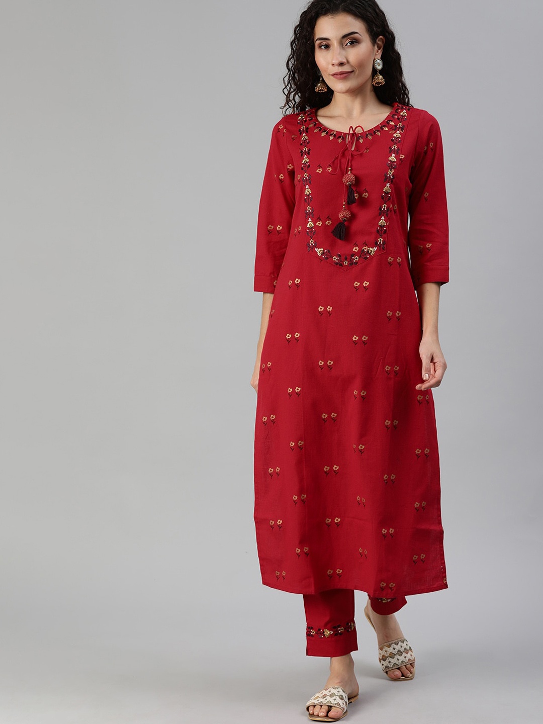 

Ishin Women Red Yoke Embroidered Kurta with Trousers