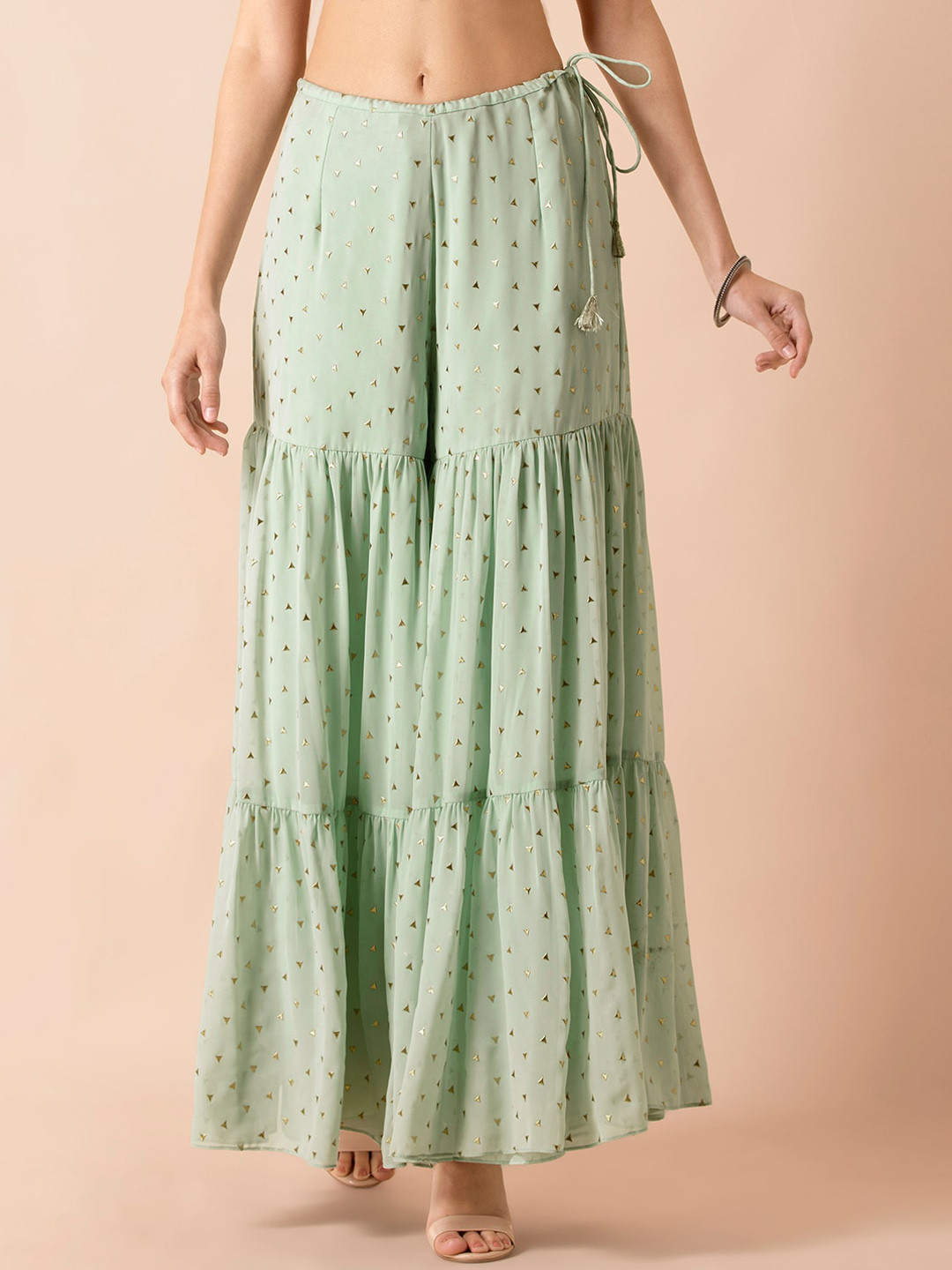 

INDYA X PAYAL SINGHAL Women Green & Gold Self Design Tiered Sharara Pants