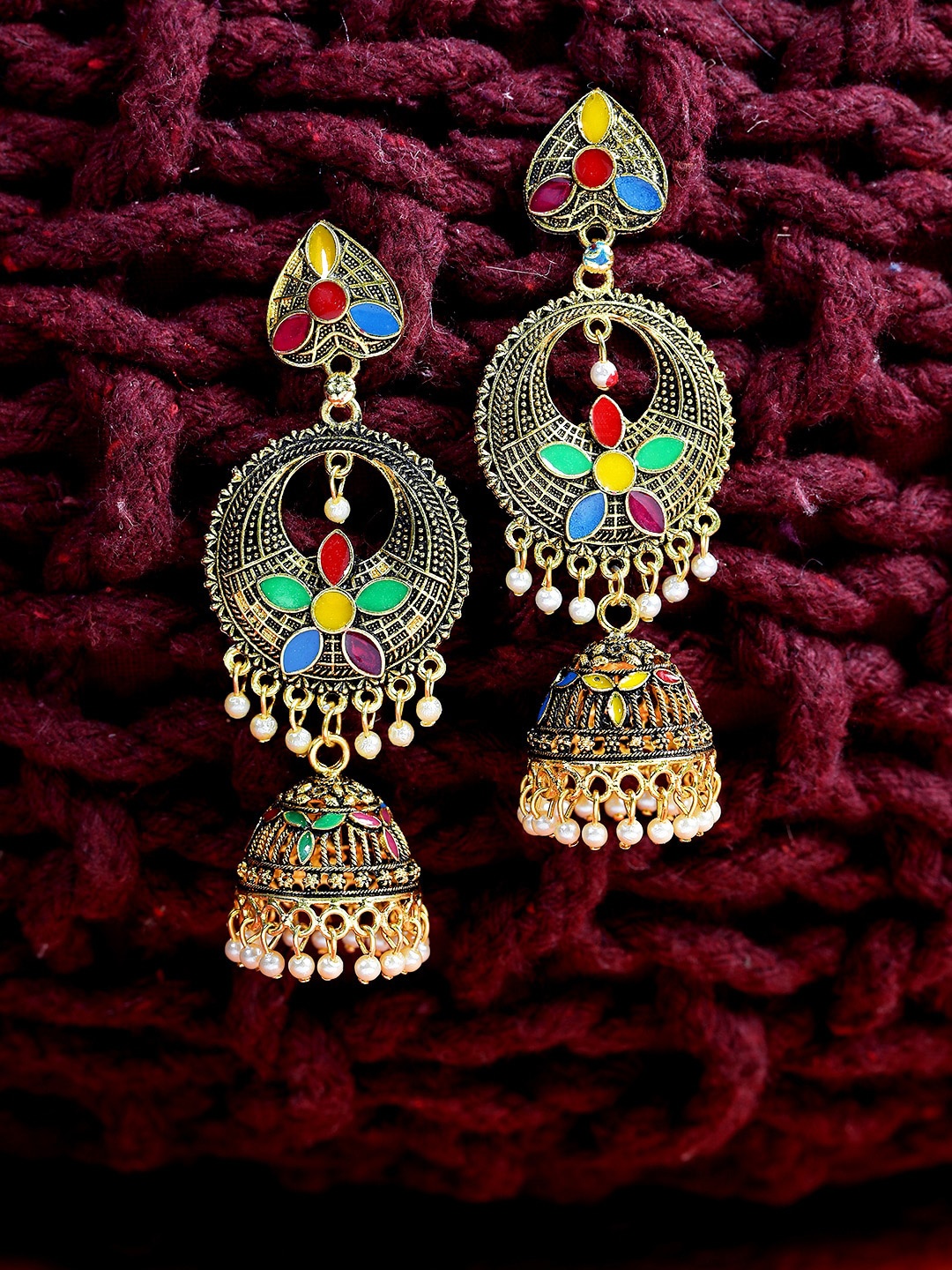 

ANIKAS CREATION Gold-Toned & Green Contemporary Jhumkas