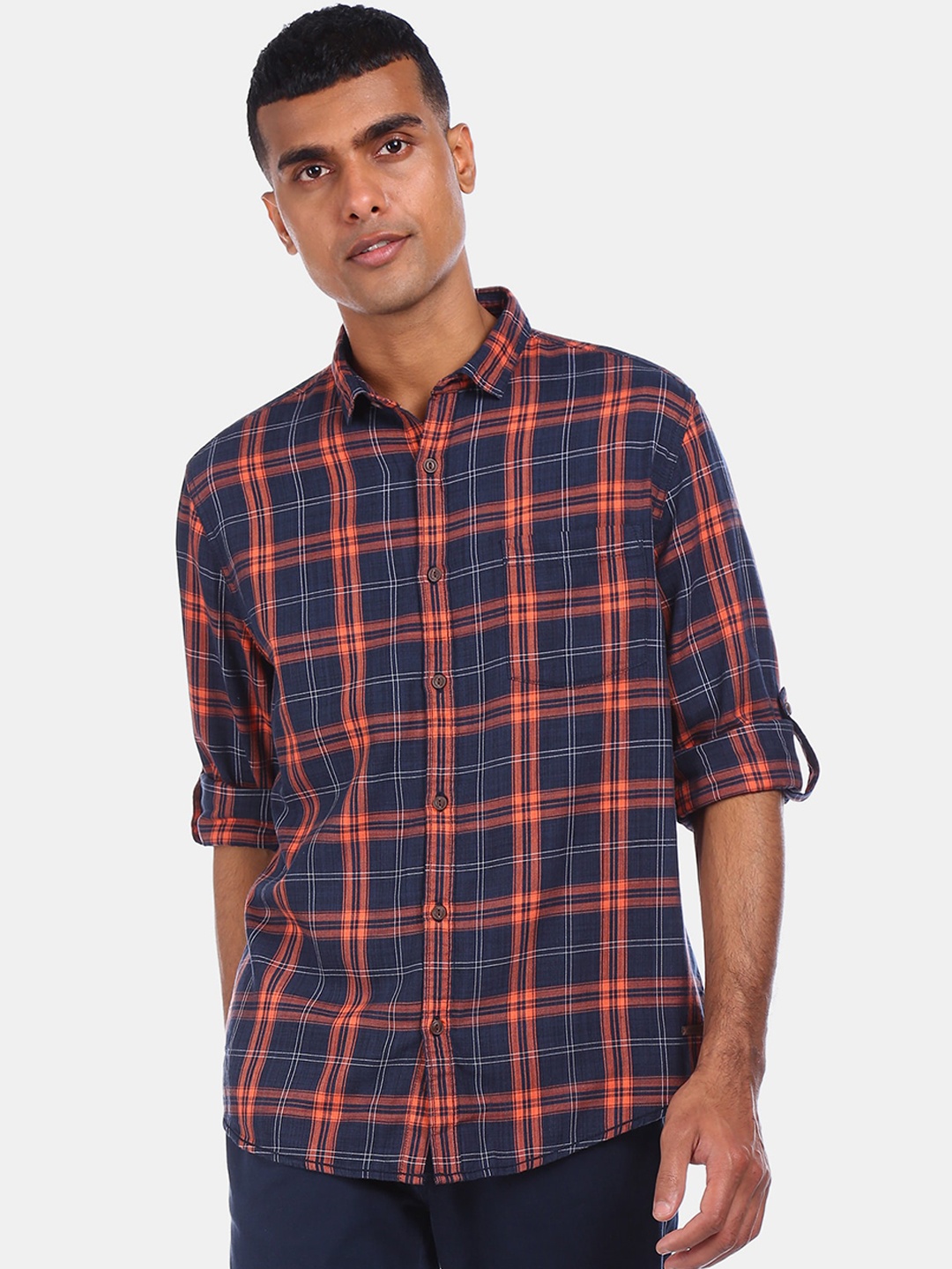 

Cherokee Men Navy Blue & Orange Regular Fit Checked Casual Shirt