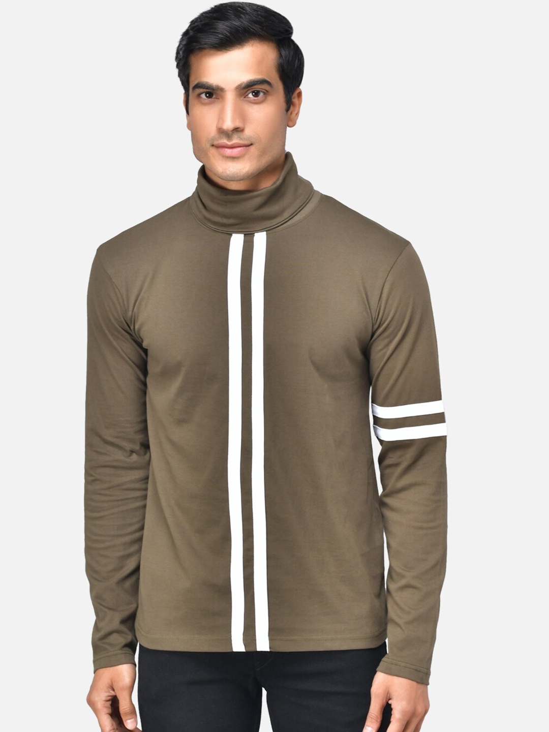 

The Dry State Men Olive Green Striped High Neck T-shirt