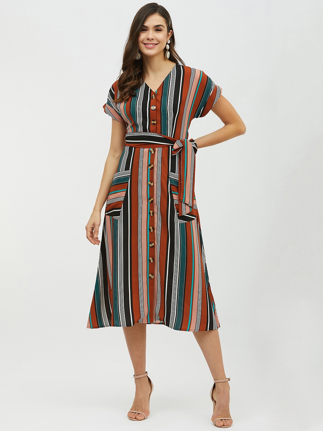 

Harpa Women Multicoloured Striped A-Line Dress, Multi