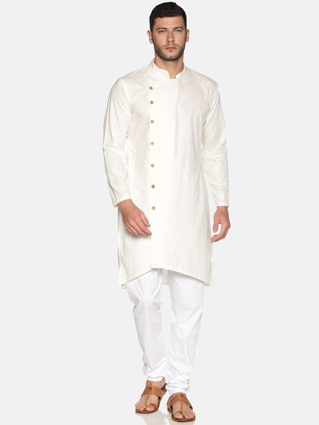 

Sethukrishna Men Cream-Coloured & White Solid Cotton Kurta with Churidar