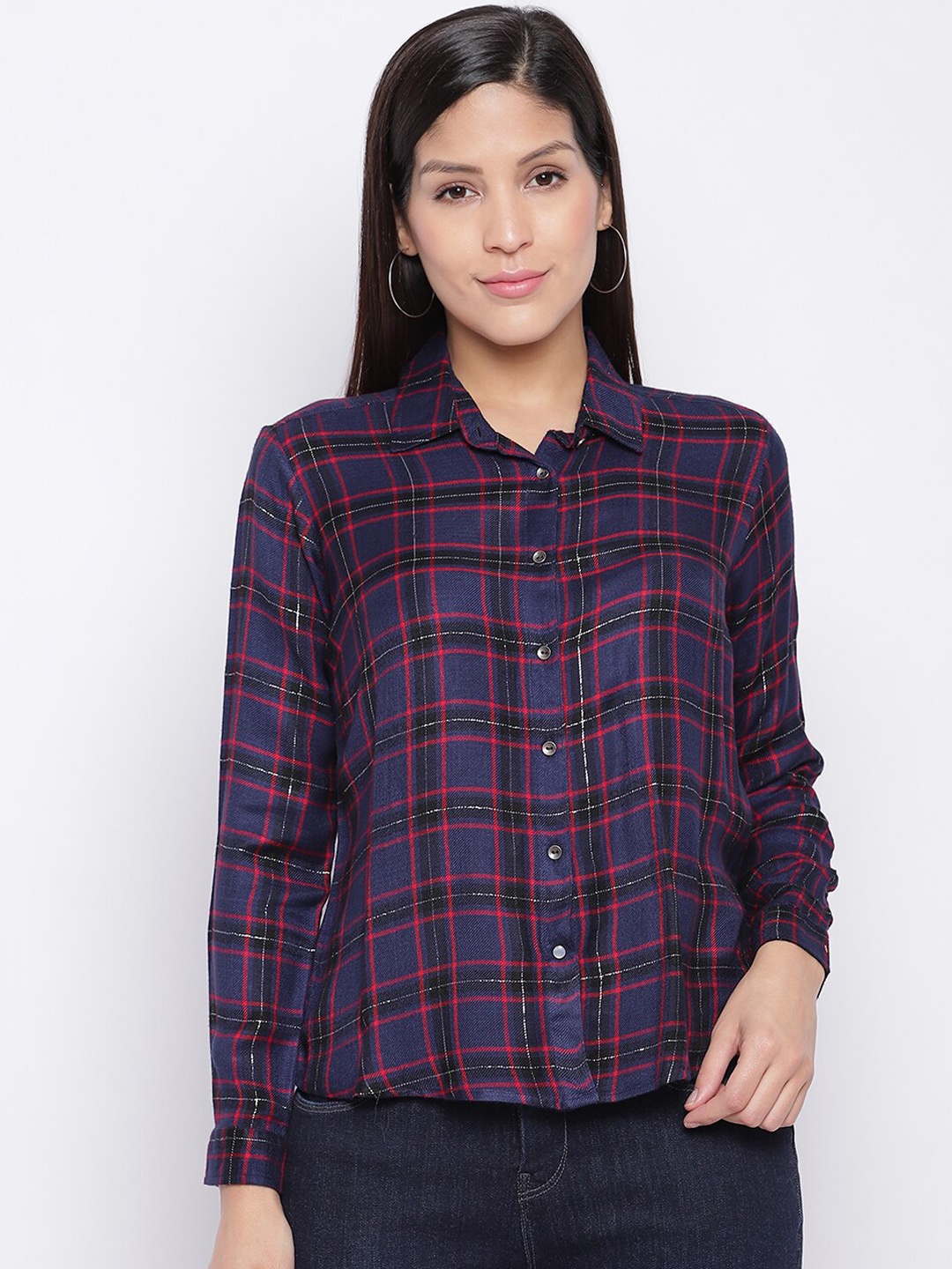 Pepe Jeans Women Navy Blue & Red Regular Fit Checked Casual Shirt