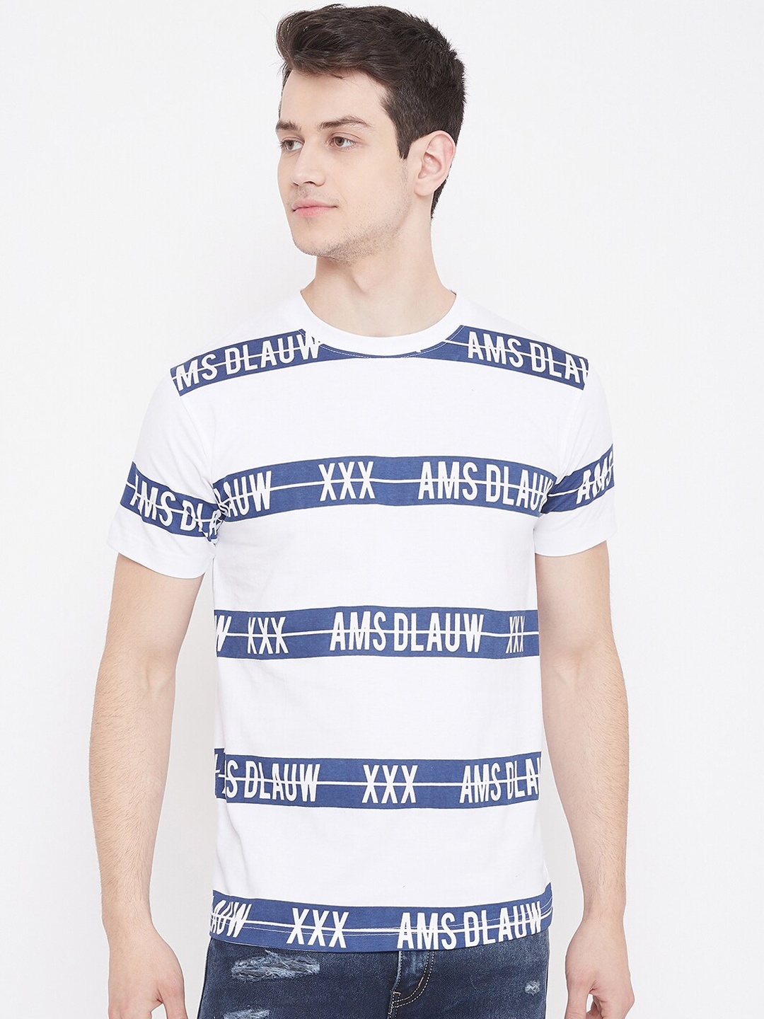 

Camey Men White Striped Round Neck T-shirt